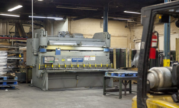 Cincinnati metal shearing equipment in Morgan Li custom fabrication shop