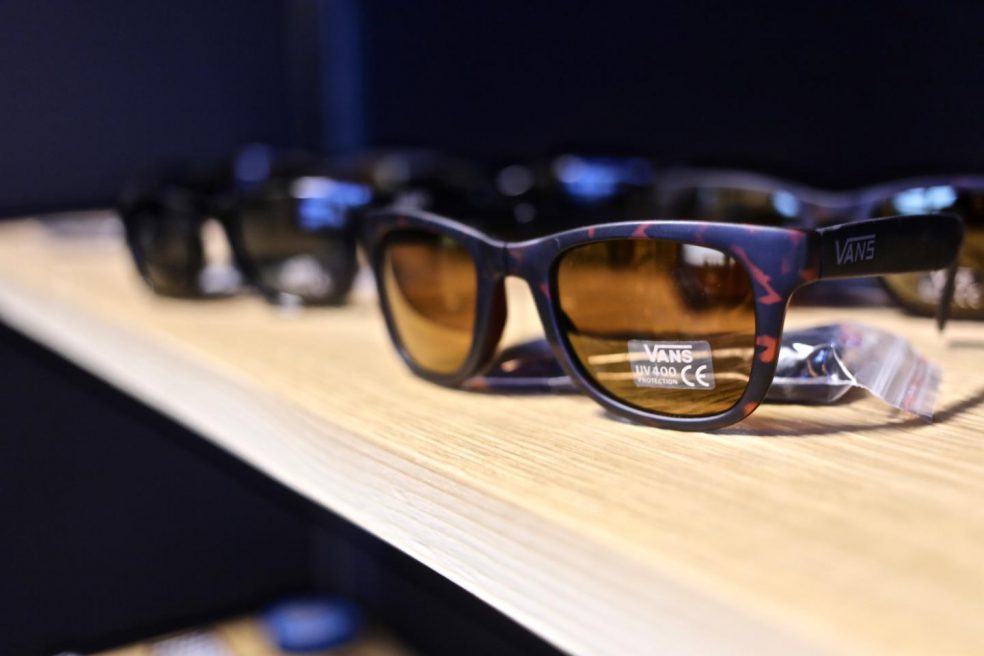Sunglasses on custom display by Morgan Li at House of Vans