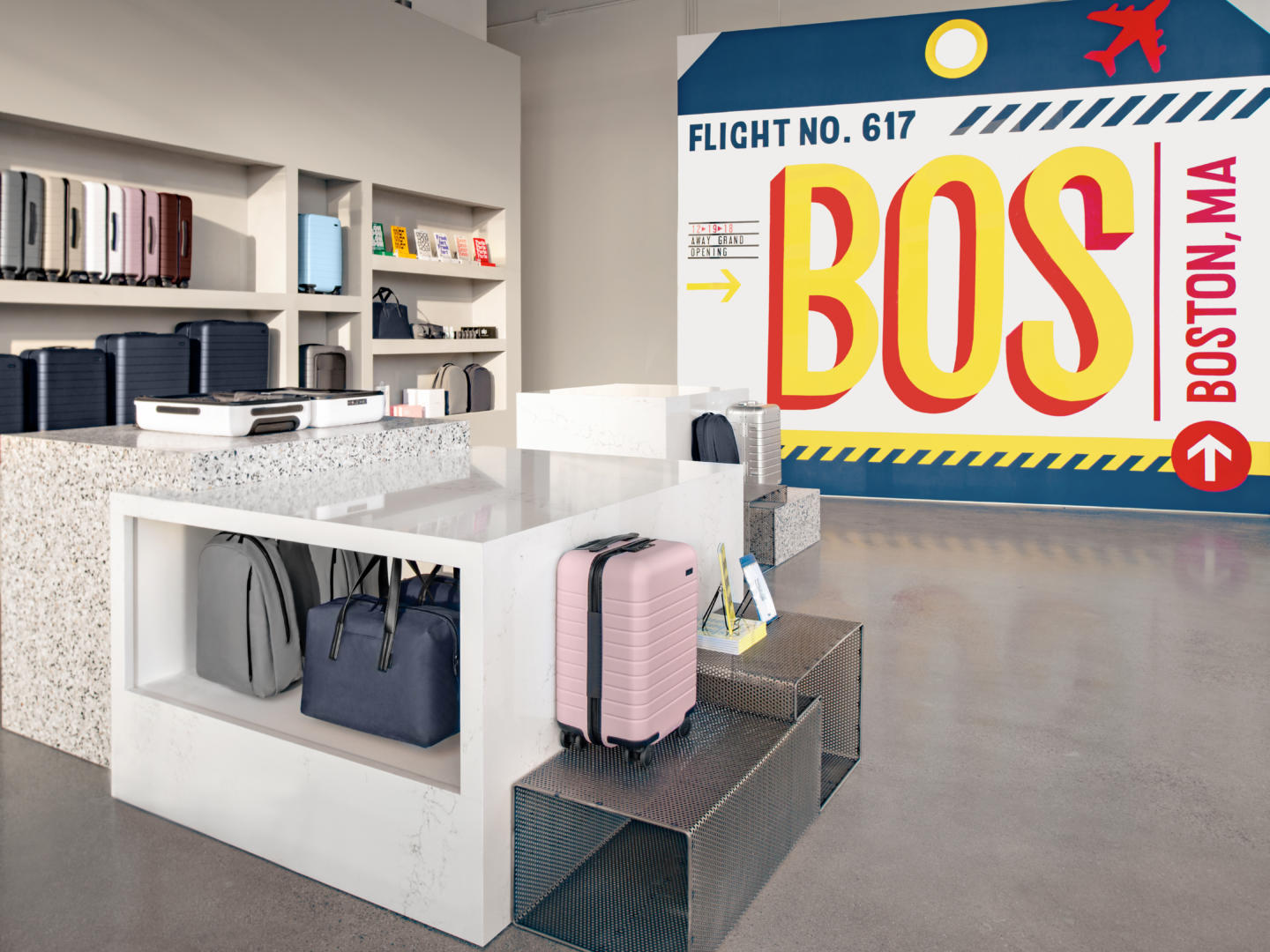 Cashwrap and displays by custom retail manufacturer Morgan Li at Away Boston 