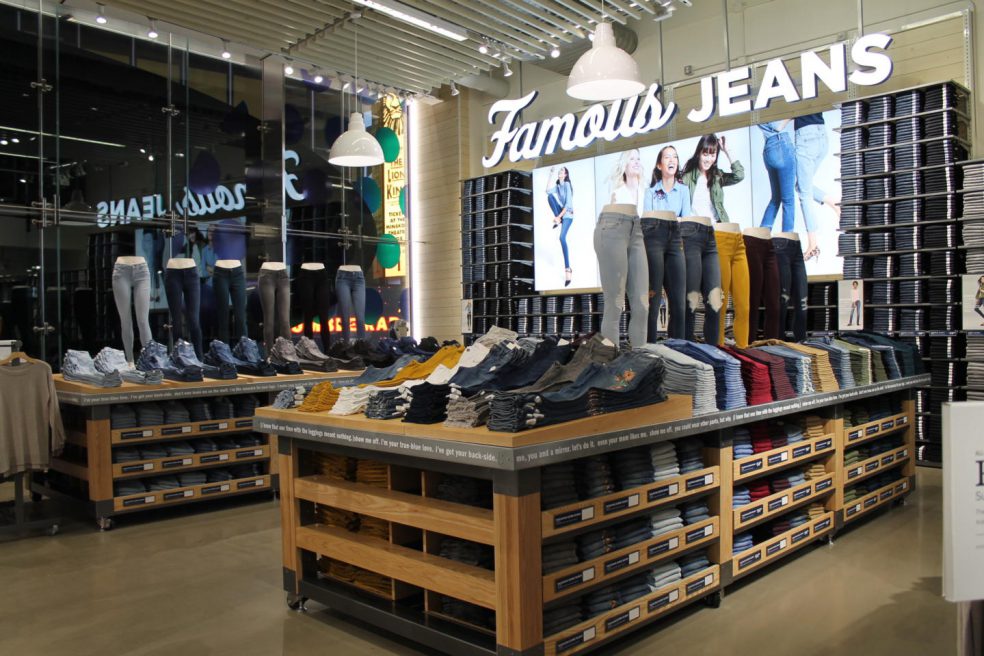 Wood Store Fixtures displaying jeans at Old Navy manufactured by Morgan Li