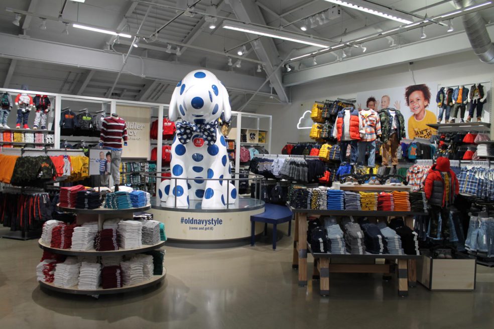 Dog statue and floor displays by Morgan Li at Old Navy Times Square