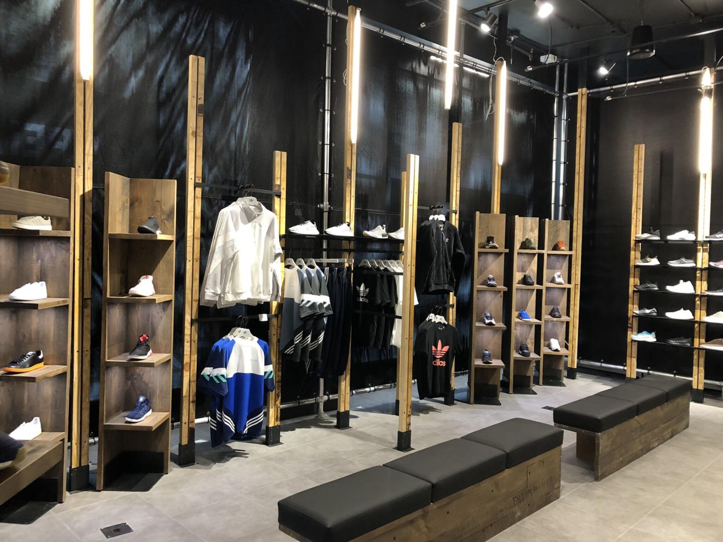 Benches and retail displays by Morgan Li at Adidas pop up shop 