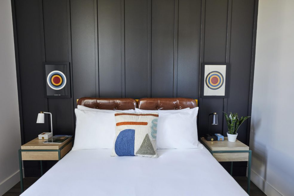 Bed, headboard and night stands for boutique hotel space FieldHouse Jones Nashville