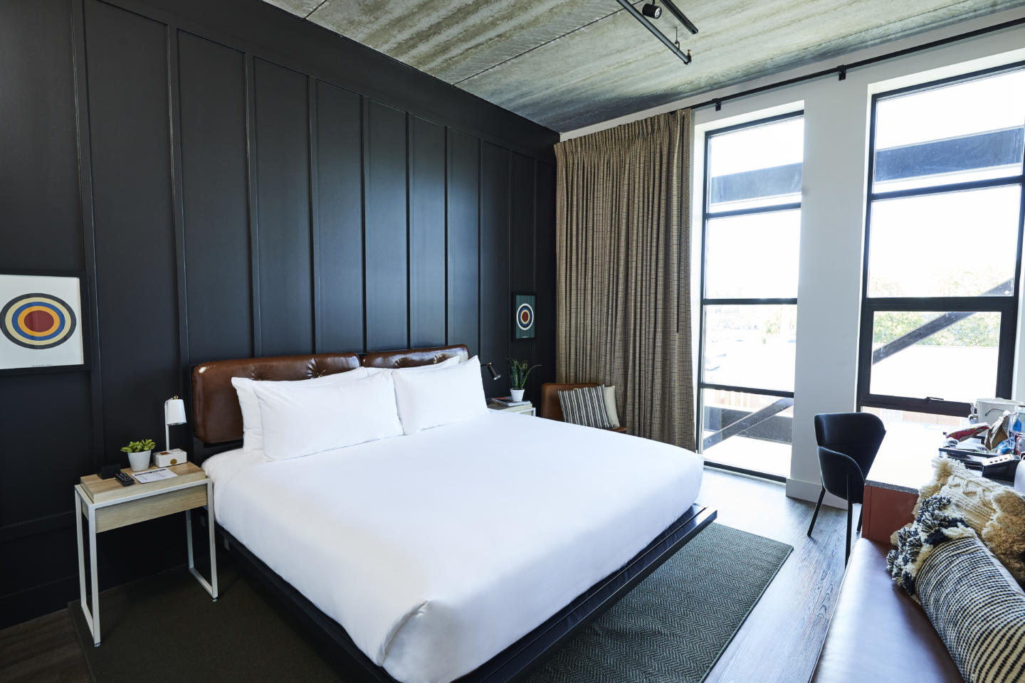 Guest room space at boutique hotel FieldHouse Jones Nashville with furniture and casegoods by Morgan Li 