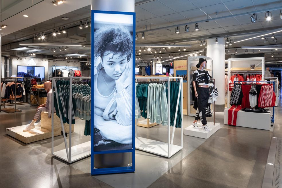 Adidas Signage in floor fixture at shop-in-shop in Macys Herald Square