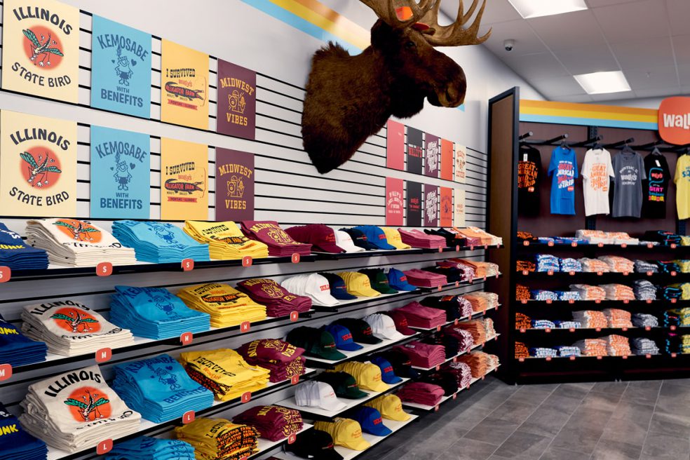 Perimeter shelving with T-shirts and apparel by custom manufacturer Morgan Li