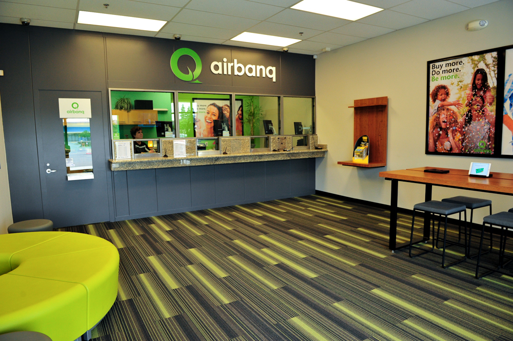 Airbanq lobby with custom fixtures and furniture by Morgan Li