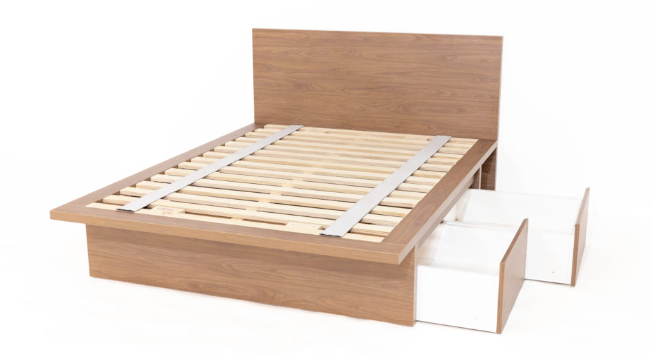 Hospitality-grade bed and drawers for student housing