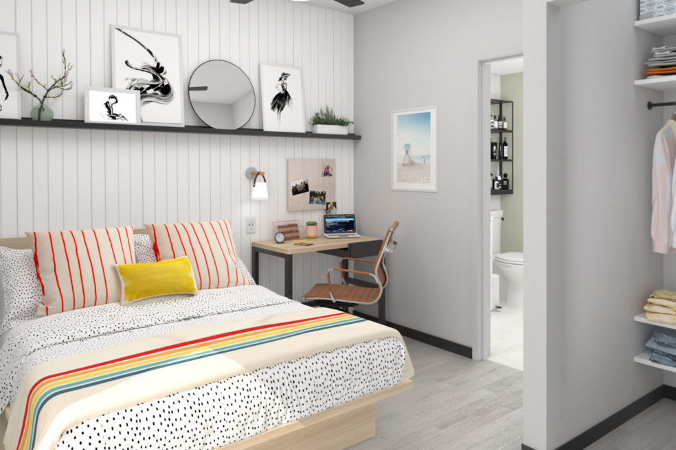 Rendering of student housing bedroom with custom furniture by Morgan Li
