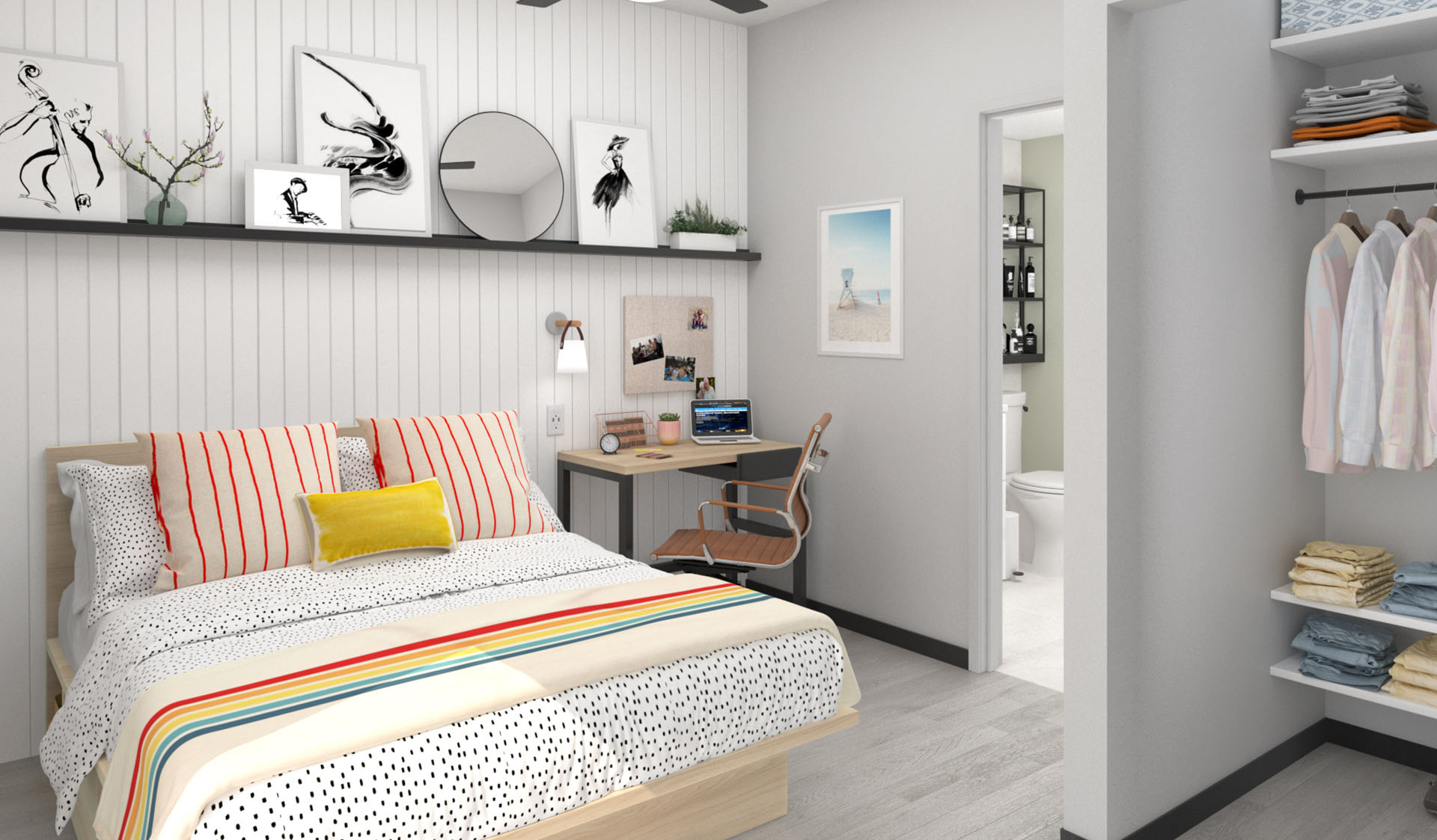 Rendering of student housing bedroom with custom furniture by Morgan Li
