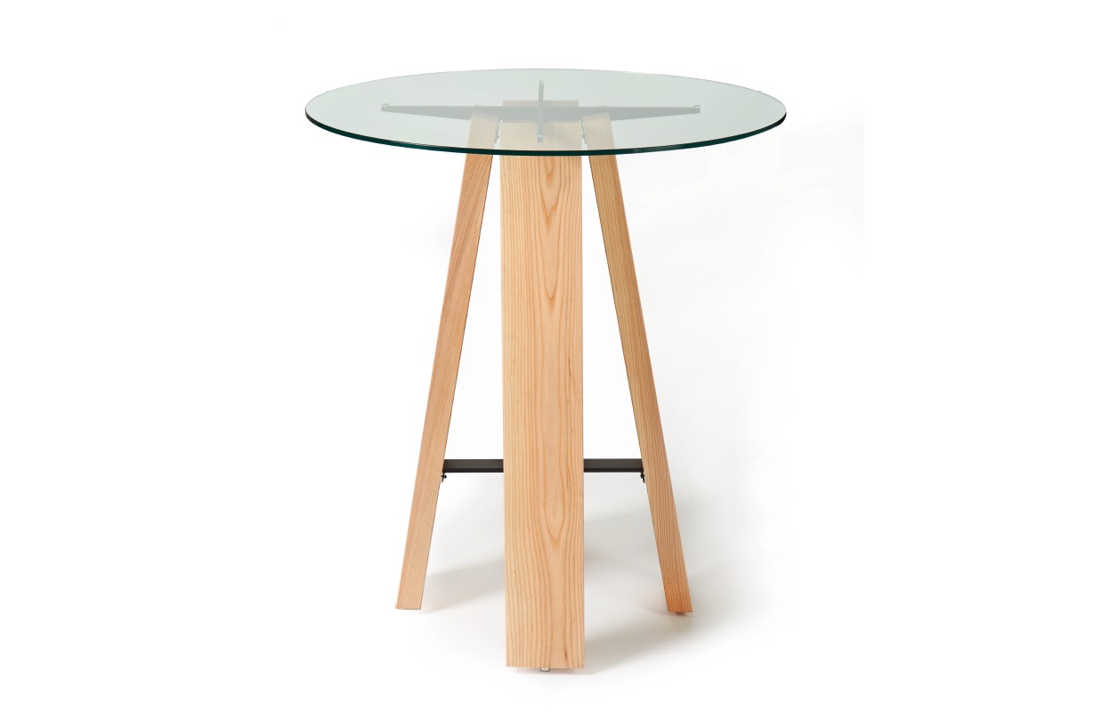 Wood and glass custom x base feature table for hotels